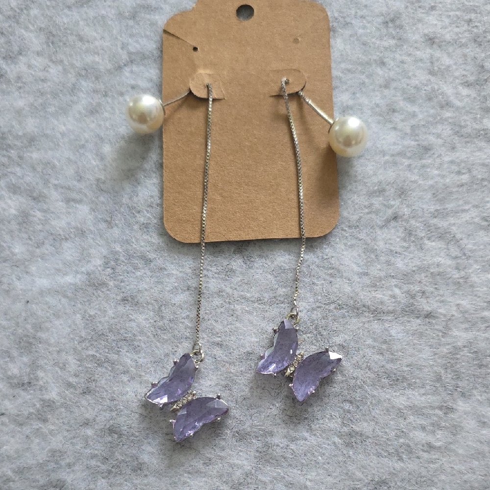 Purple Butterfly and Faux Pearl Double Sided Silver Tone Dangle Earrings